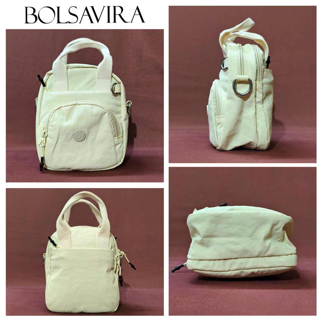 Collage of a beige backpack with multiple angles on a maroon background, featuring the brand 'BOLSAVIRA'.