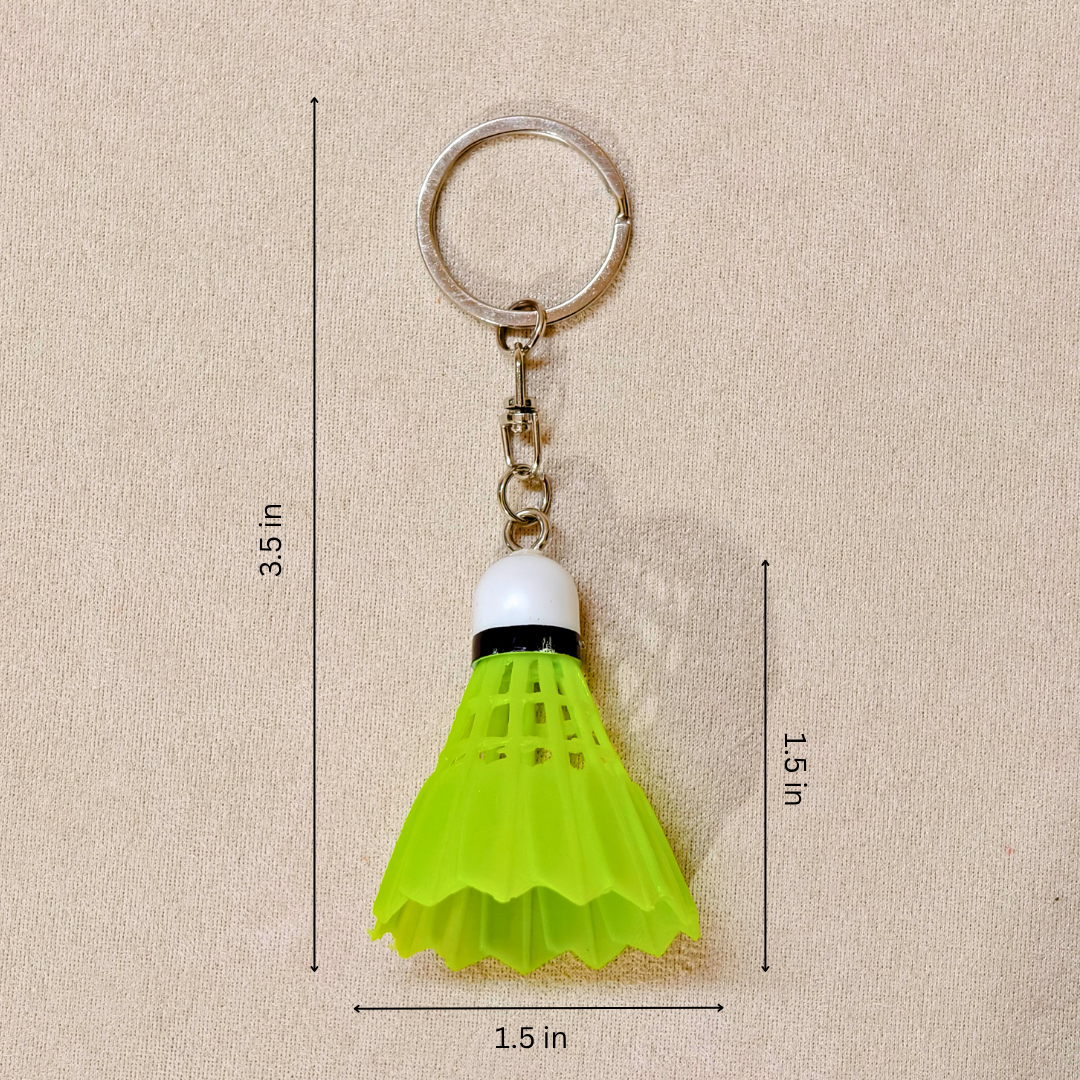 A miniature plastic badminton shuttlecock keychain shown with dimension lines indicating a height of 3.5 inches, width of 1.