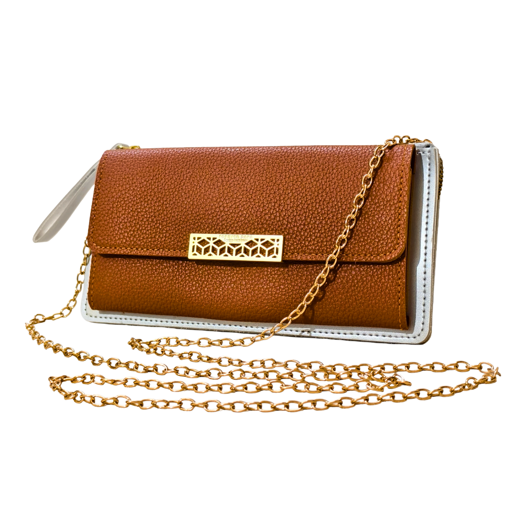 Brown handbag with gold chain strap on a white background