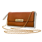 Brown handbag with gold chain strap on a white background