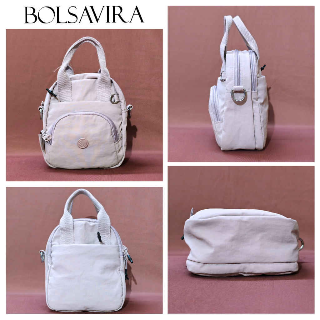Collage of a white backpack with multiple angles on a pink background, featuring the brand 'BOLSAVIRA'.