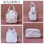 Collage of a white backpack with multiple angles on a pink background, featuring the brand 'BOLSAVIRA'.