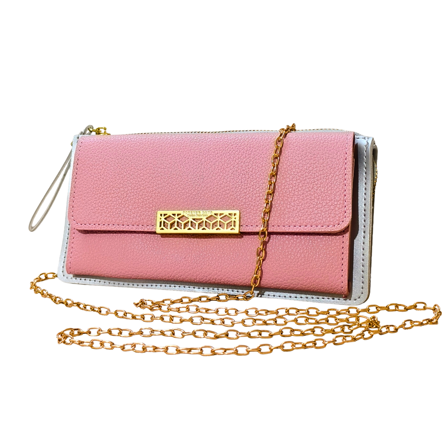 Pink handbag with a gold chain on a white background