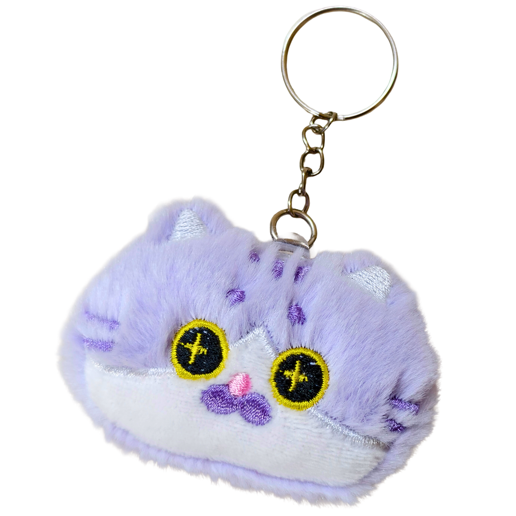 A plush cat-shaped keychain charm in light purple and white with embroidered yellow eyes and a small pink nose, shown on a white background.