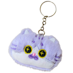 A plush cat-shaped keychain charm in light purple and white with embroidered yellow eyes and a small pink nose, shown on a white background.