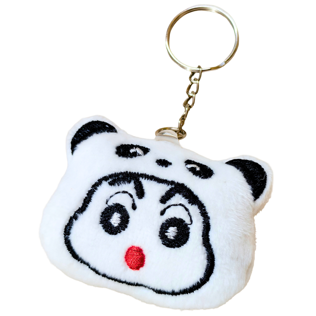 A plush panda head keychain with embroidered black and white facial features and a small red nose, attached to a gold metal key ring and chain on a plain white background.