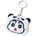 A plush panda head keychain with embroidered black and white facial features and a small red nose, attached to a gold metal key ring and chain on a plain white background.
