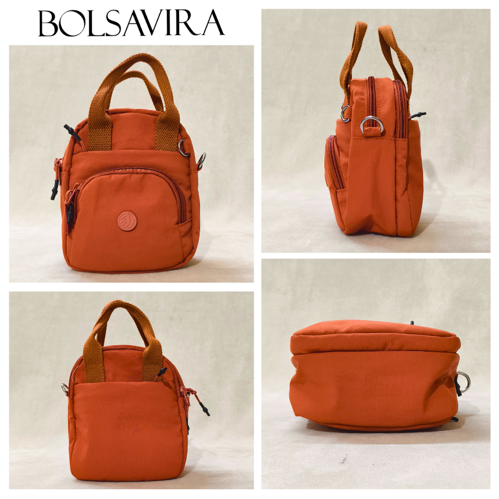 Collage of an orange bag with brown handles on a beige background, featuring the brand 'BOLSAVIRA'.