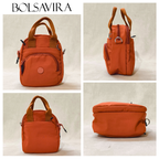 Collage of an orange bag with brown handles on a beige background, featuring the brand 'BOLSAVIRA'.