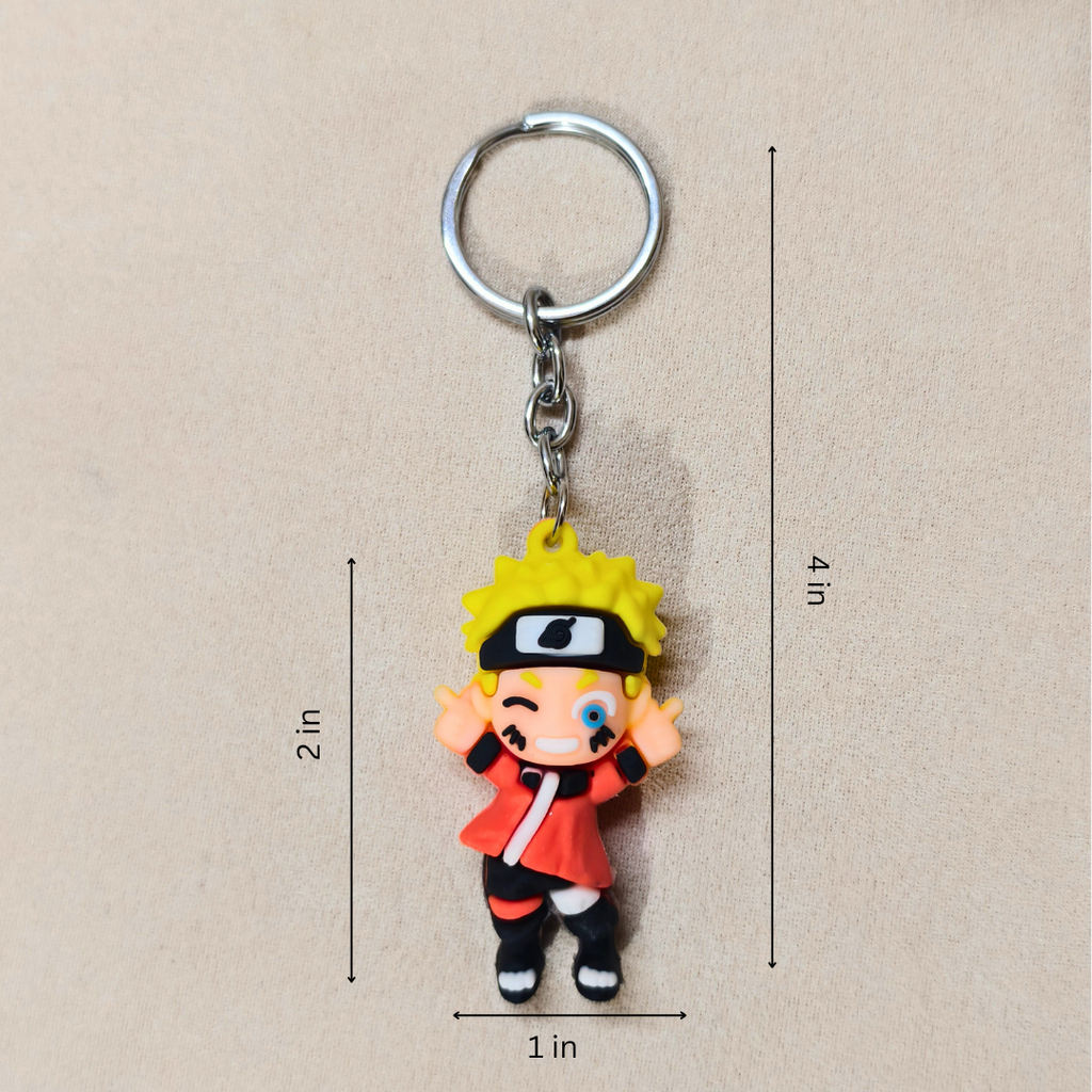 Keychain of a character with measurements on a beige background