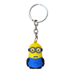 Keychain shaped like a yellow character with blue overalls on a white background