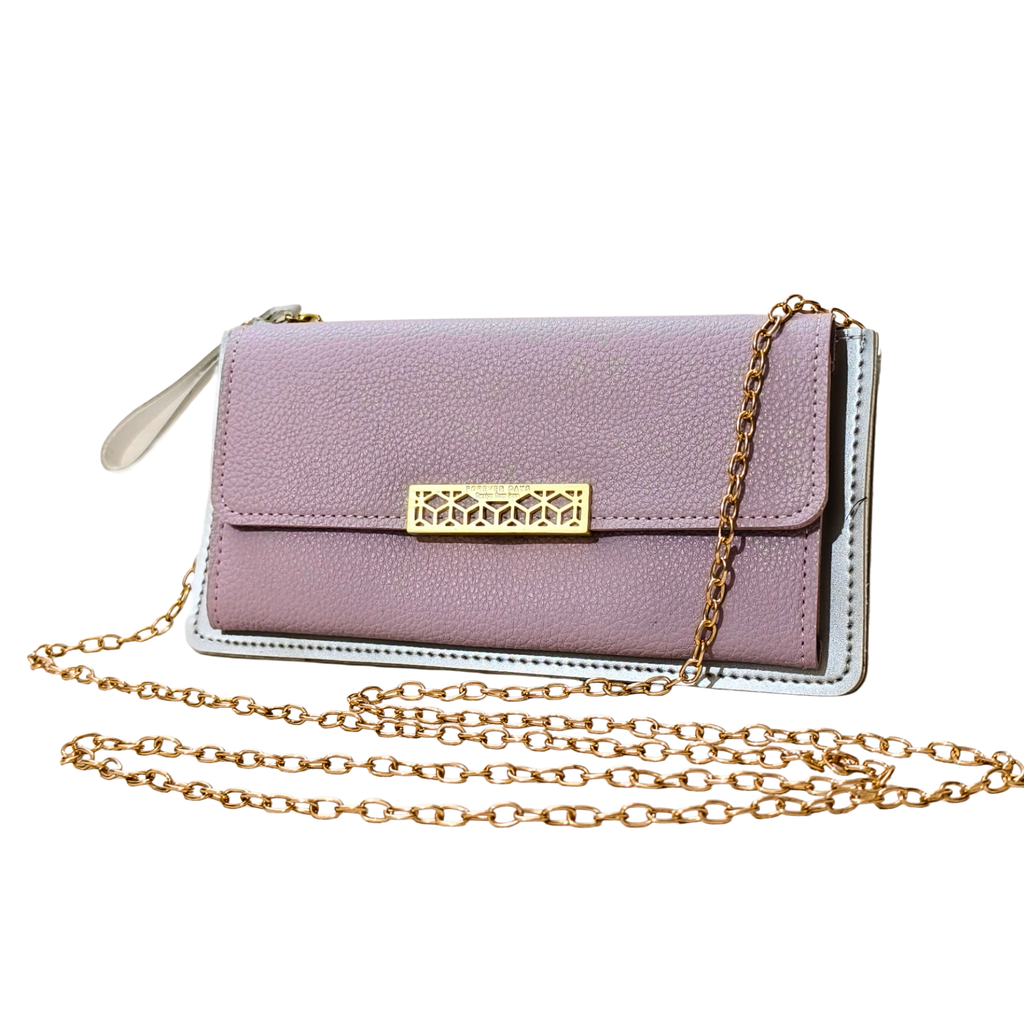 Purple handbag with gold chain strap on a white background