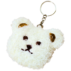 A white fluffy teddy bear head keychain with embroidered brown eyes, nose, and ears, attached to a gold metal key ring on a plain white background.