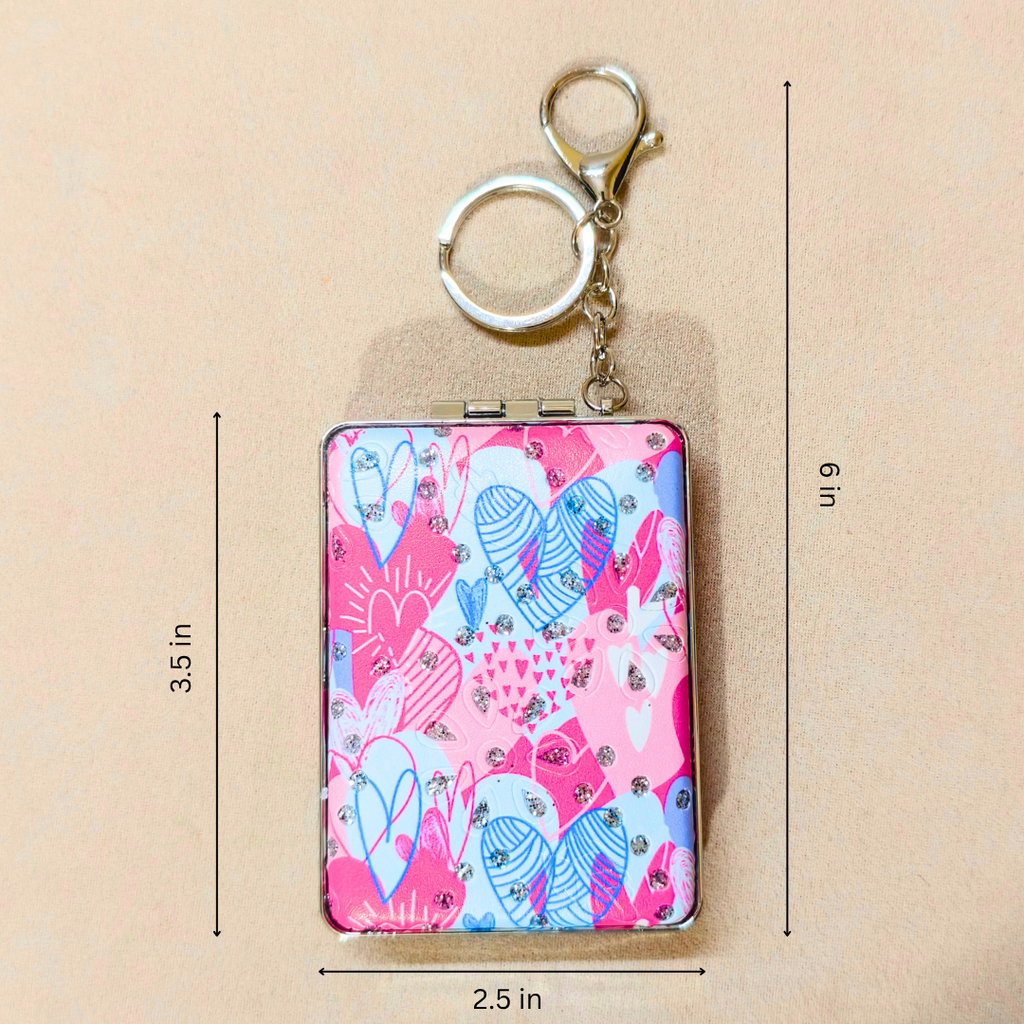 Rectangle Hearts Pink White Pocket Mirror  With Measurements On  Beige Background.