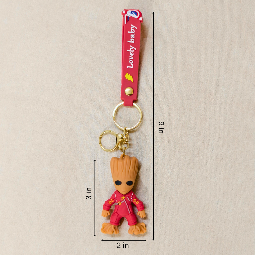 Keychain with character measurement details on a beige background