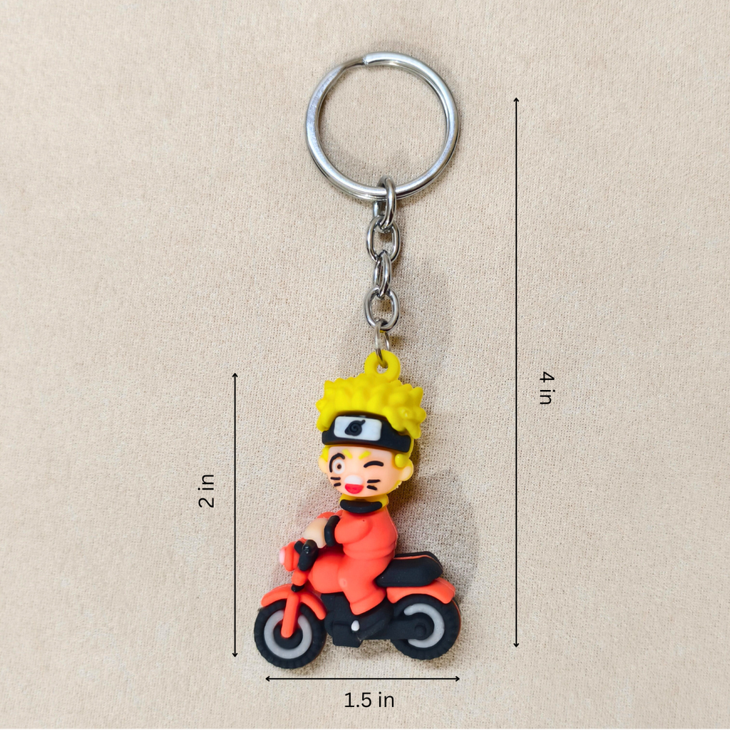 Keychain of a character riding a motorcycle with measurements on a beige background