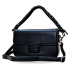 Black leather handbag with a strap on a white background