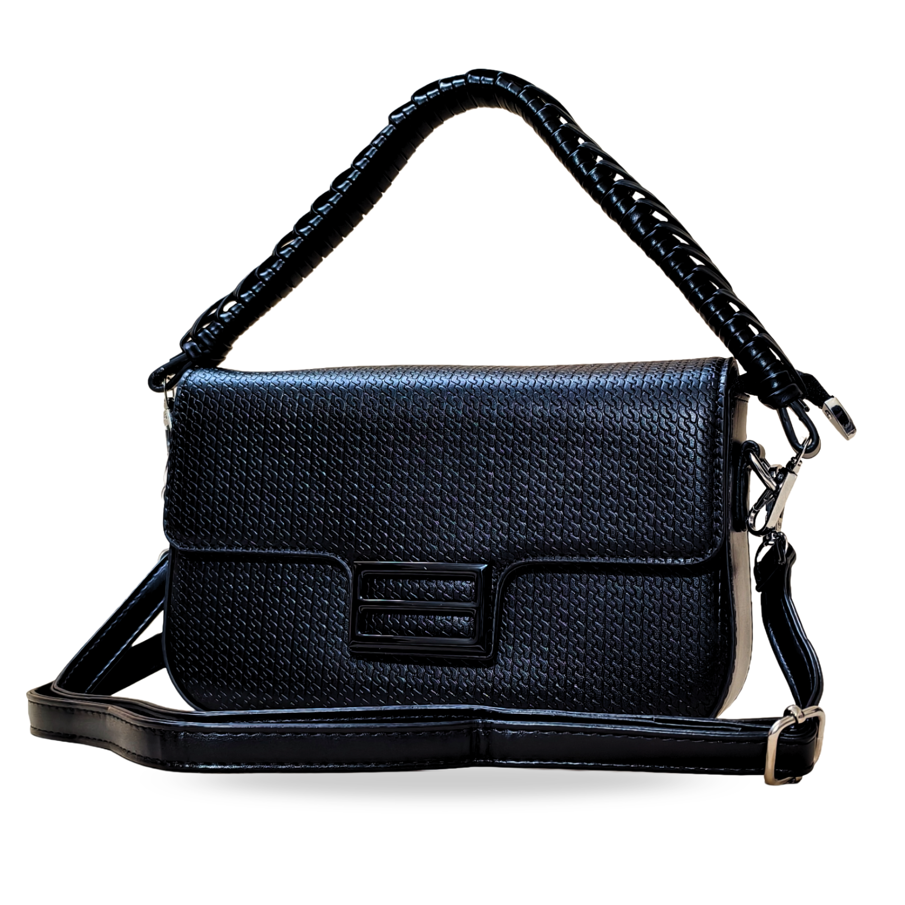 Black leather handbag with a strap on a white background