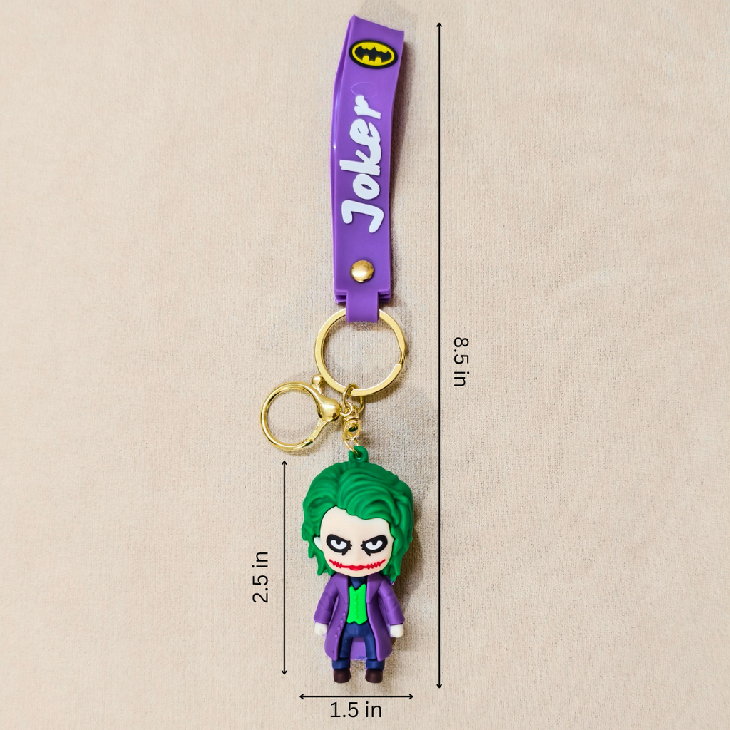 Joker keychain with dimensions on a beige background