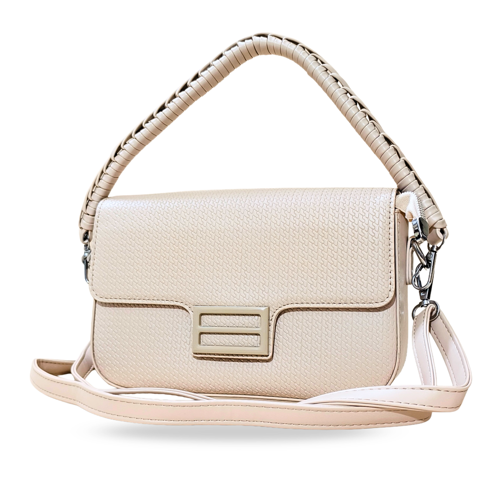 Beige handbag with a chain detail on a white background