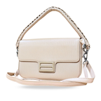 Beige handbag with a chain detail on a white background
