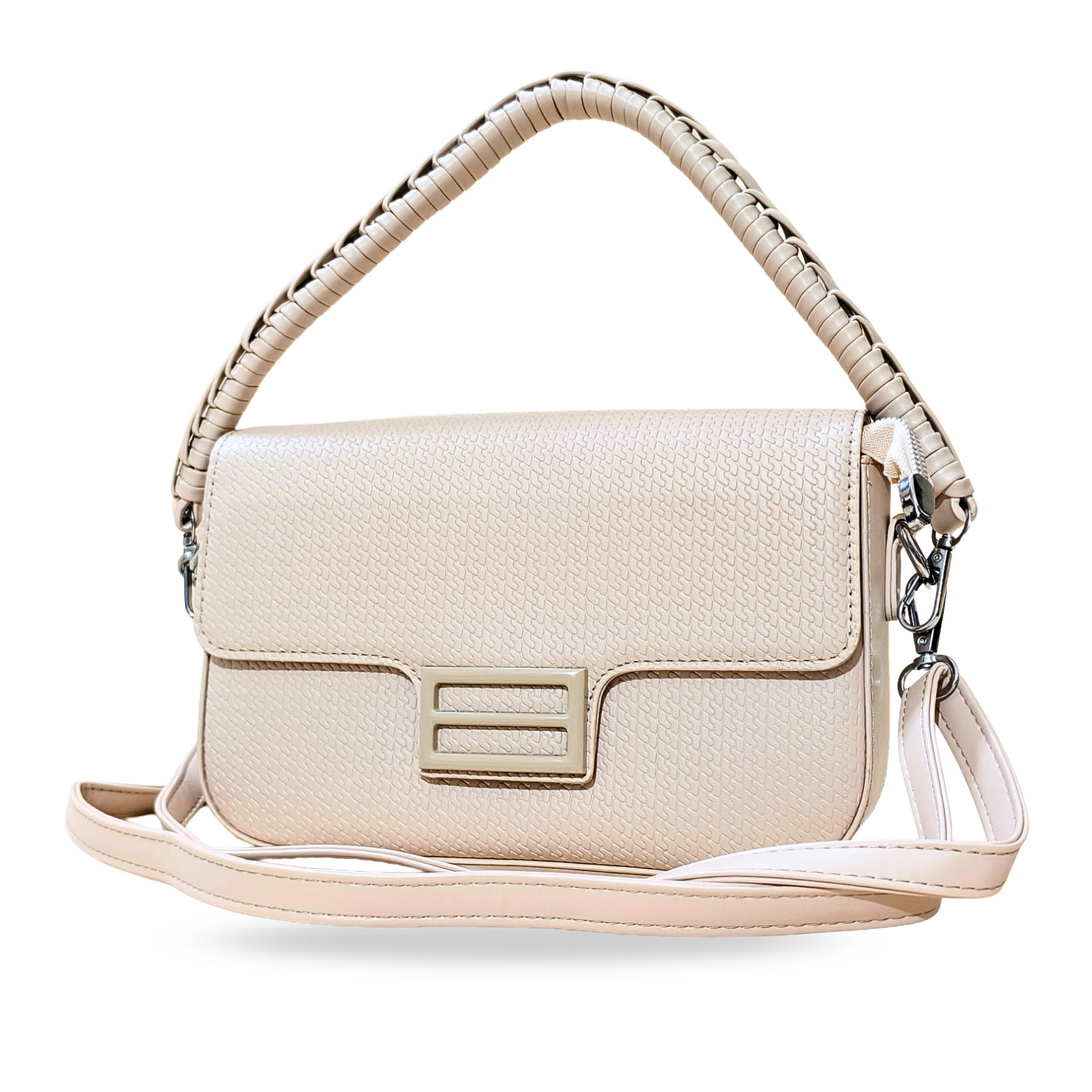 Beige handbag with a chain detail on a white background