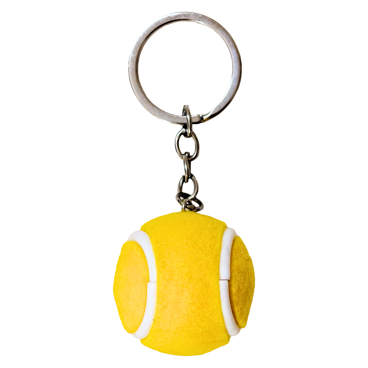 A novelty keychain shaped like a yellow tennis ball with white lines, attached to a silver metal split ring and chain, shown on a plain white background.