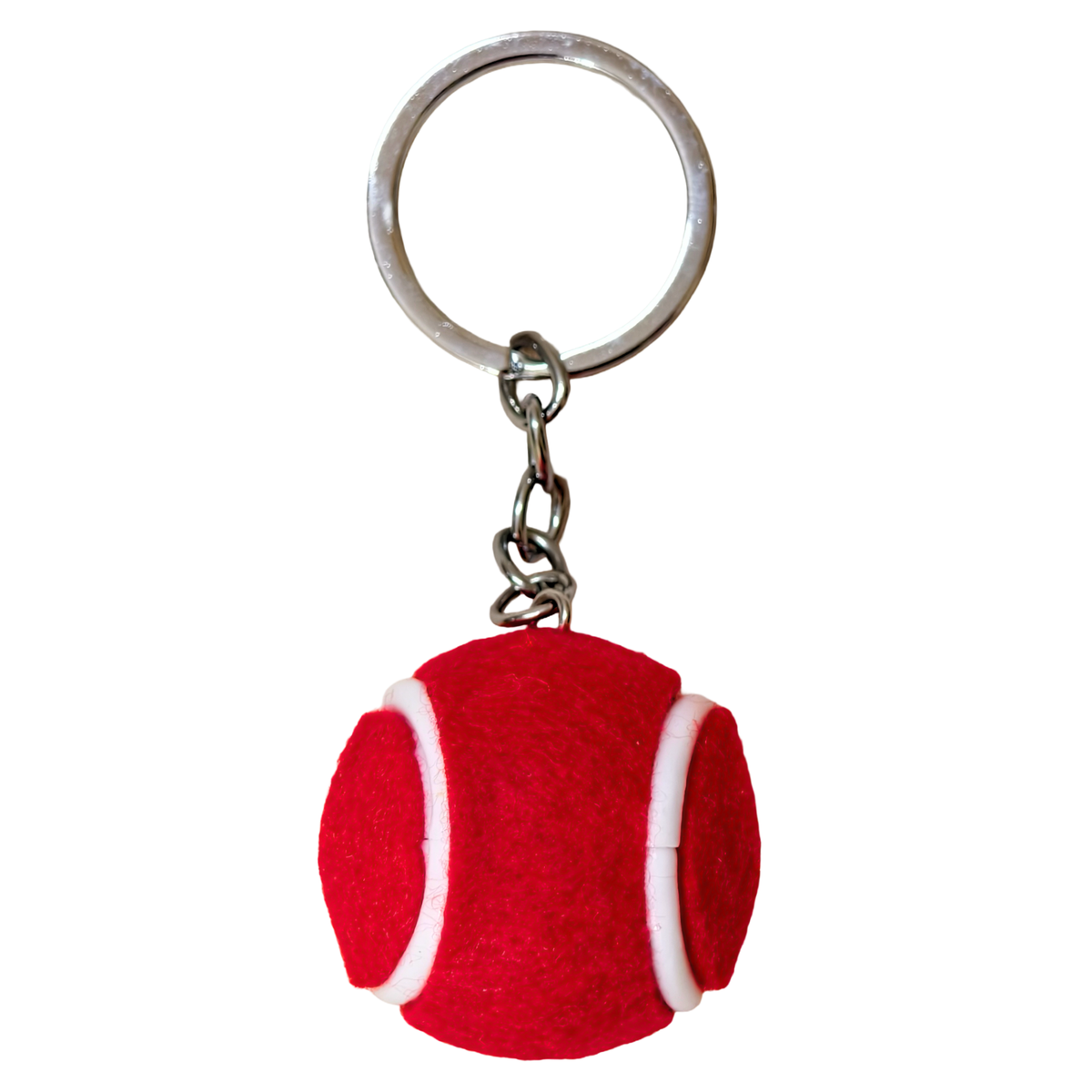 A red felt tennis ball keychain with a silver metal split ring and chain, isolated on a white background.