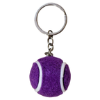 A purple felt tennis ball keychain with white stitched details and a silver metal split ring and chain, shown against a plain white background.