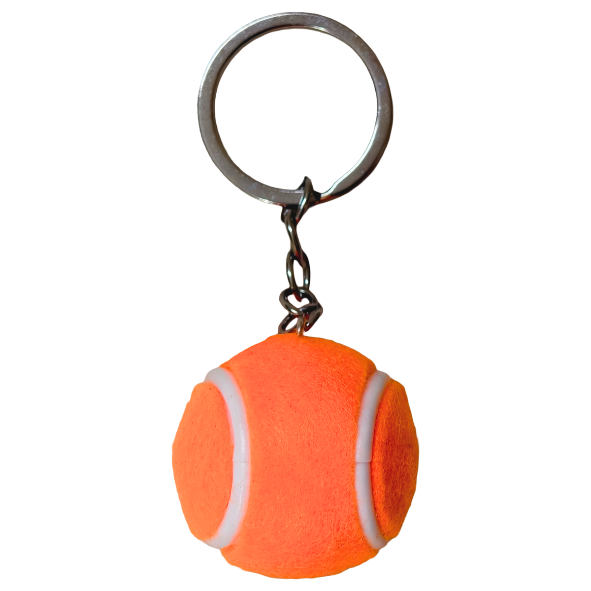 An orange tennis ball keychain with a silver metal split ring and chain, isolated on a white background.