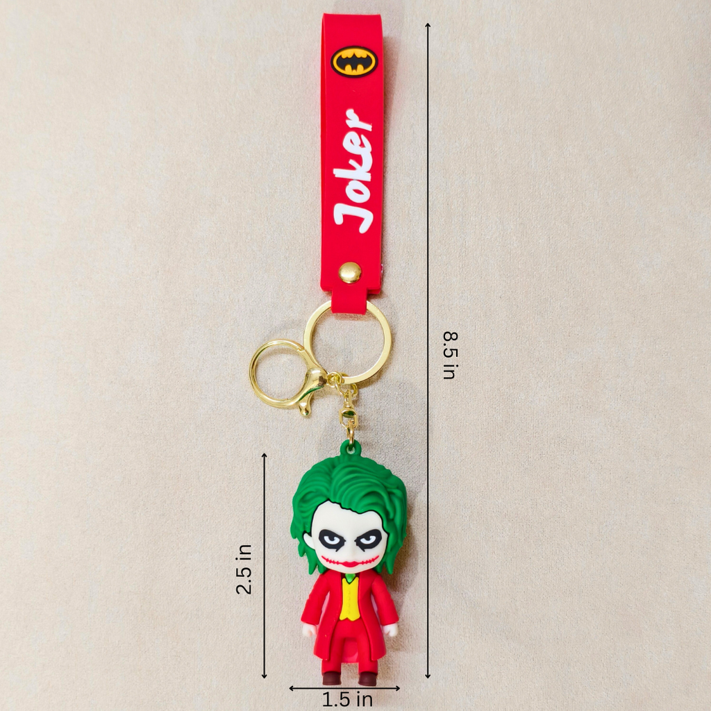 Joker keychain with dimensions on a beige background