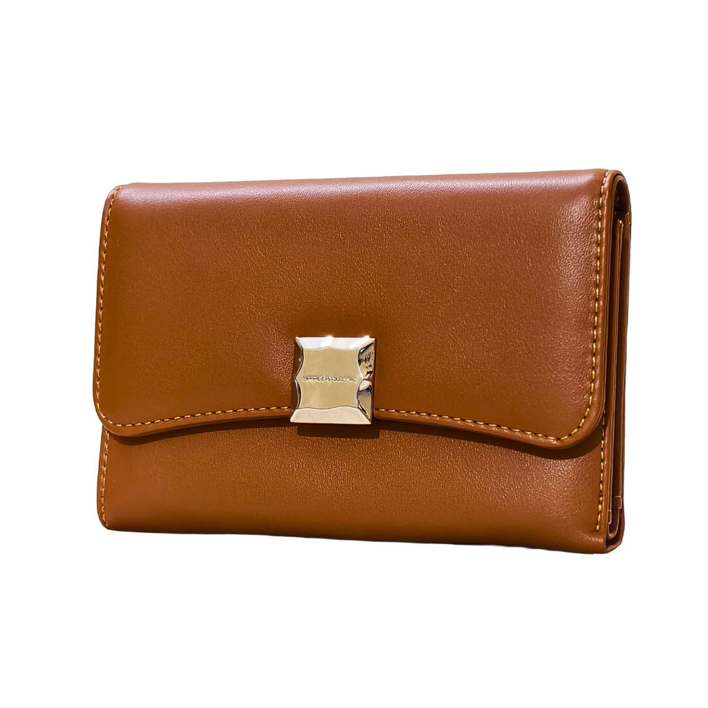 Brown wallet with a gold clasp on a white background