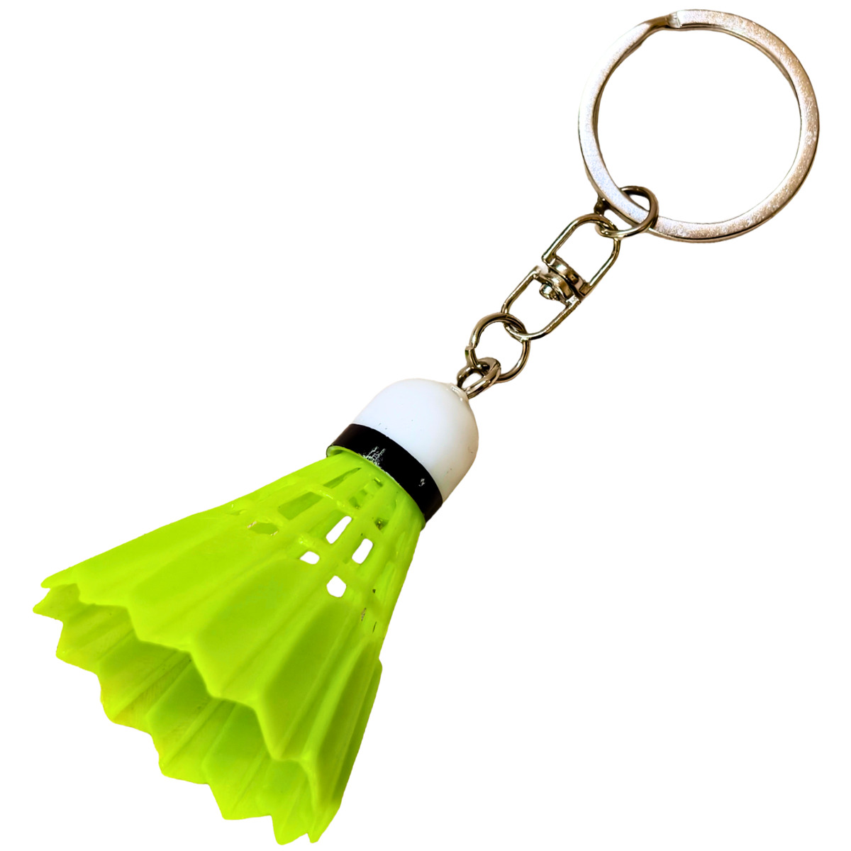 A novelty badminton shuttlecock keychain featuring a bright neon yellow-green plastic shuttlecock body, a white plastic head, a black band, and a gold-tone metal split ring and clasp, shown on a plain white background.