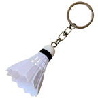 A white plastic shuttlecock keychain with a silver metal split ring and chain, Shown on a white background.