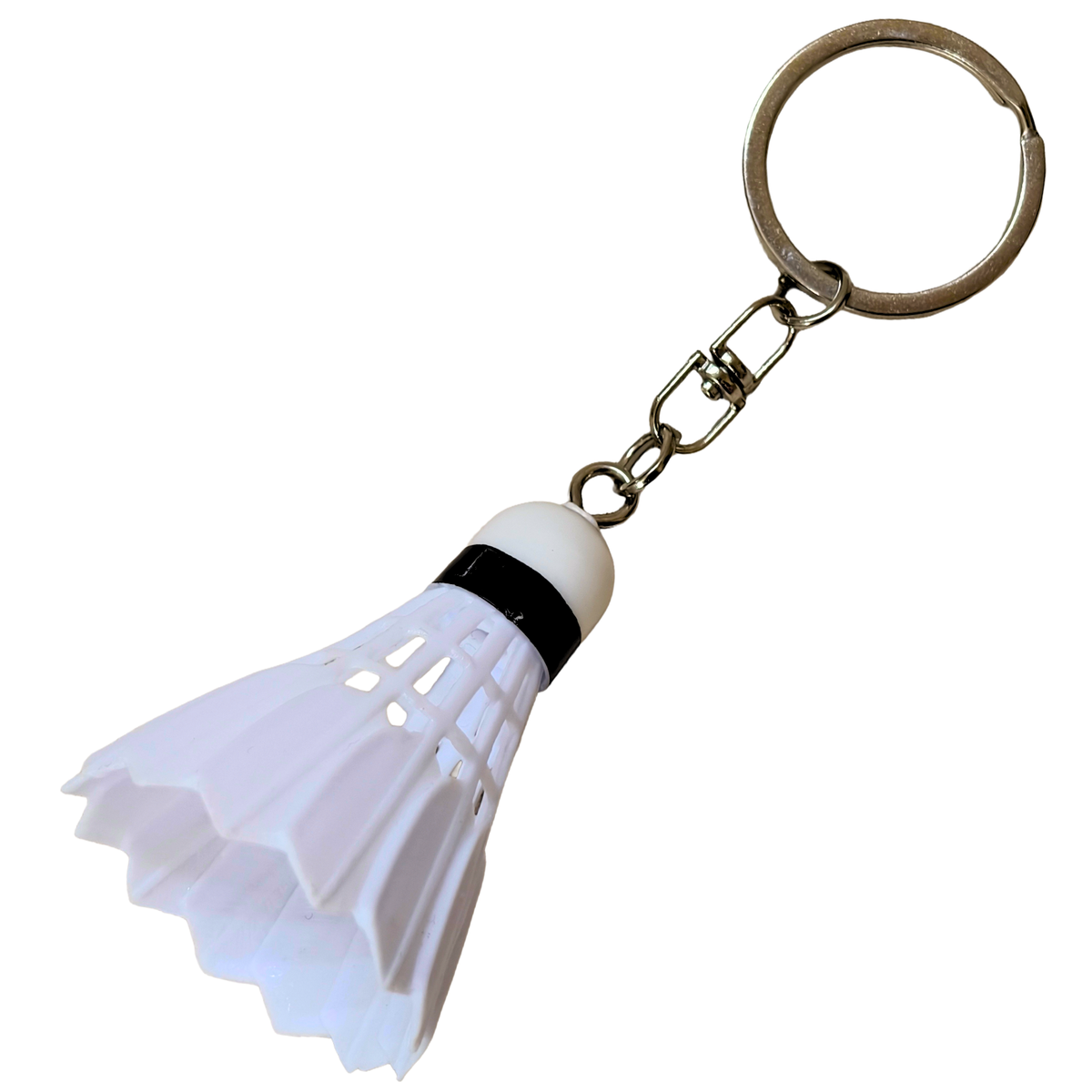 A white plastic shuttlecock keychain with a silver metal split ring and chain, Shown on a white background.