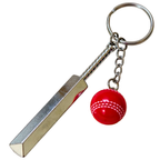 silver metal Cricket Bat and Ball  keychain with a small Cricket Ball attached,  against a plain white background.


