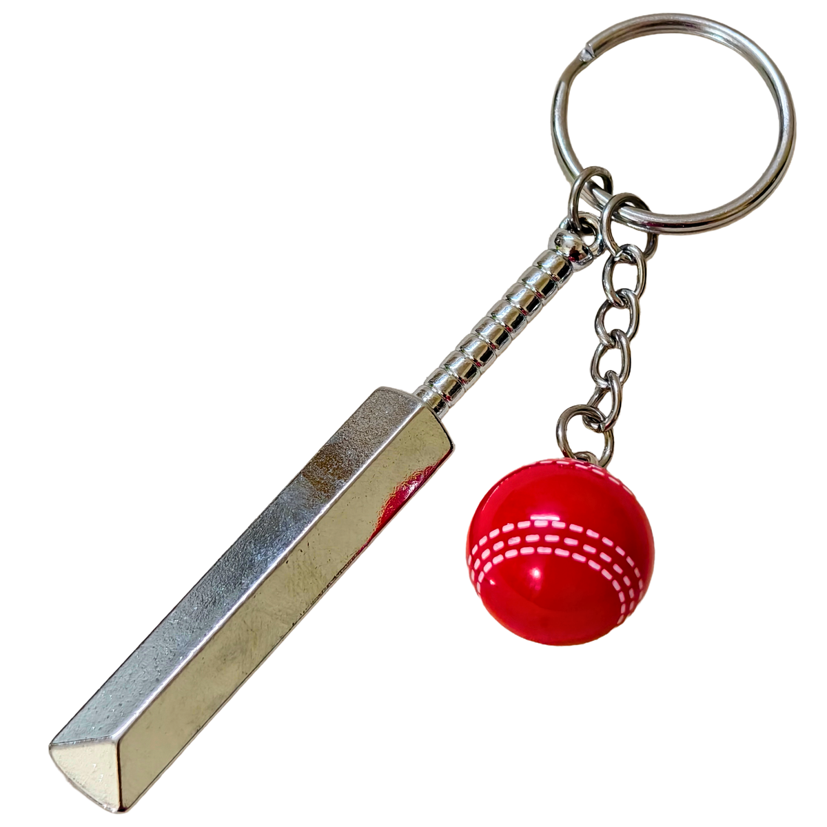 silver metal Cricket Bat and Ball  keychain with a small Cricket Ball attached,  against a plain white background.


