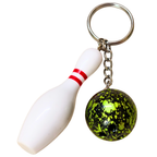 A novelty bowling keychain  featuring a green and black mottled bowling ball and a white bowling pin with a red stripe, attached to a silver split ring on a plain white background.

Details