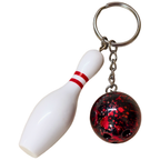 A novelty bowling keychain featuring a white plastic bowling pin with red stripes next to a red and black marbled bowling ball charm attached to a silver metal split ring and chain.