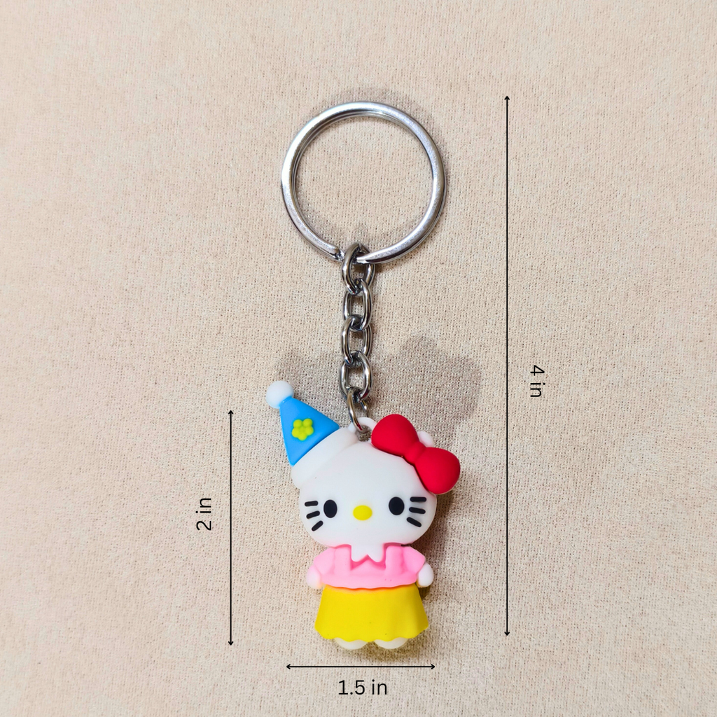 Keychain of a cartoon character with measurements on a beige background