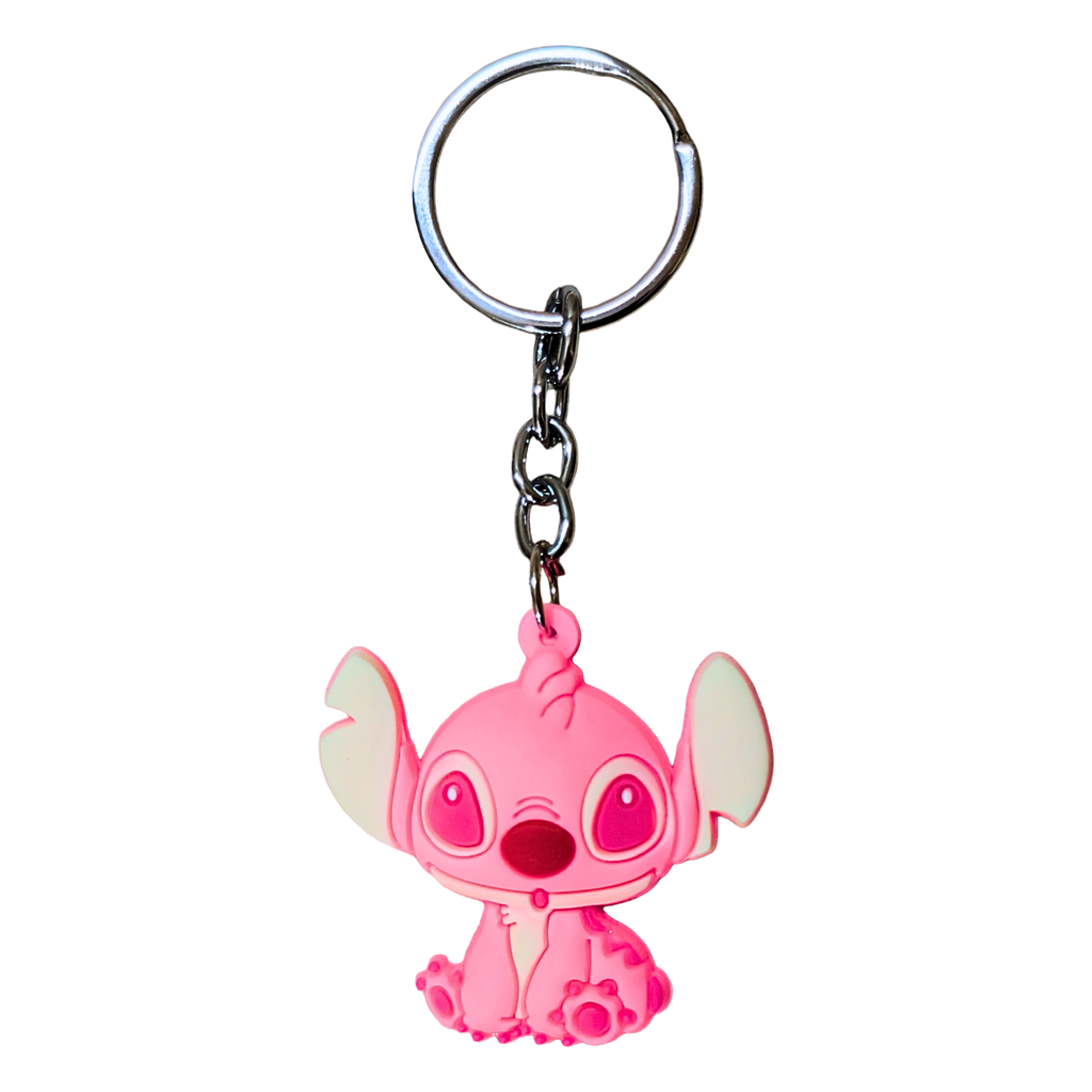 Pink cartoon character keychain on a white background