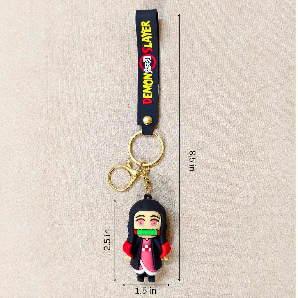 Keychain with character design and measurement details on a beige background