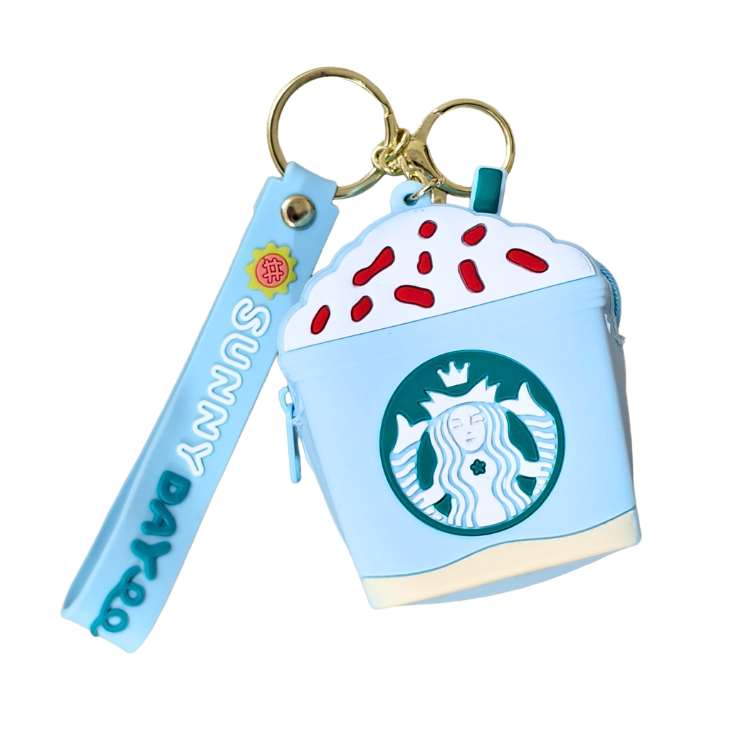 Starbucks-themed keychain with a blue pouch and red accents on a white background