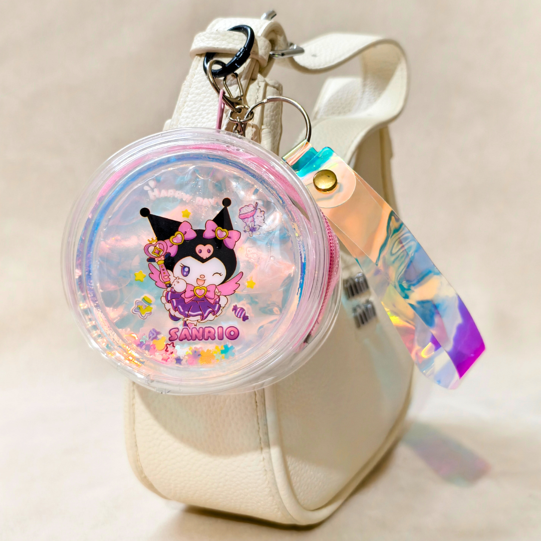 Keychain with cartoon character and colorful design on a beige background