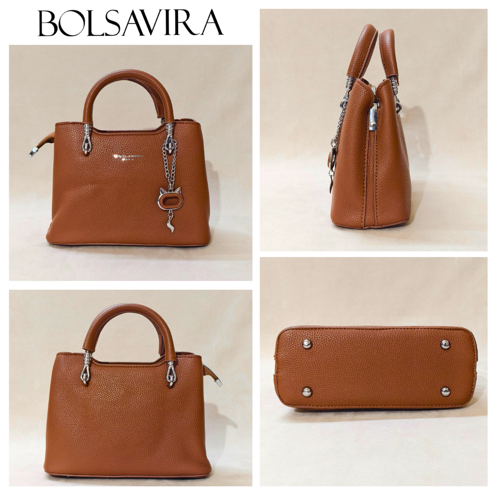 Collage of a brown handbag with visible 'BOLSAVIRA' branding on a beige background.