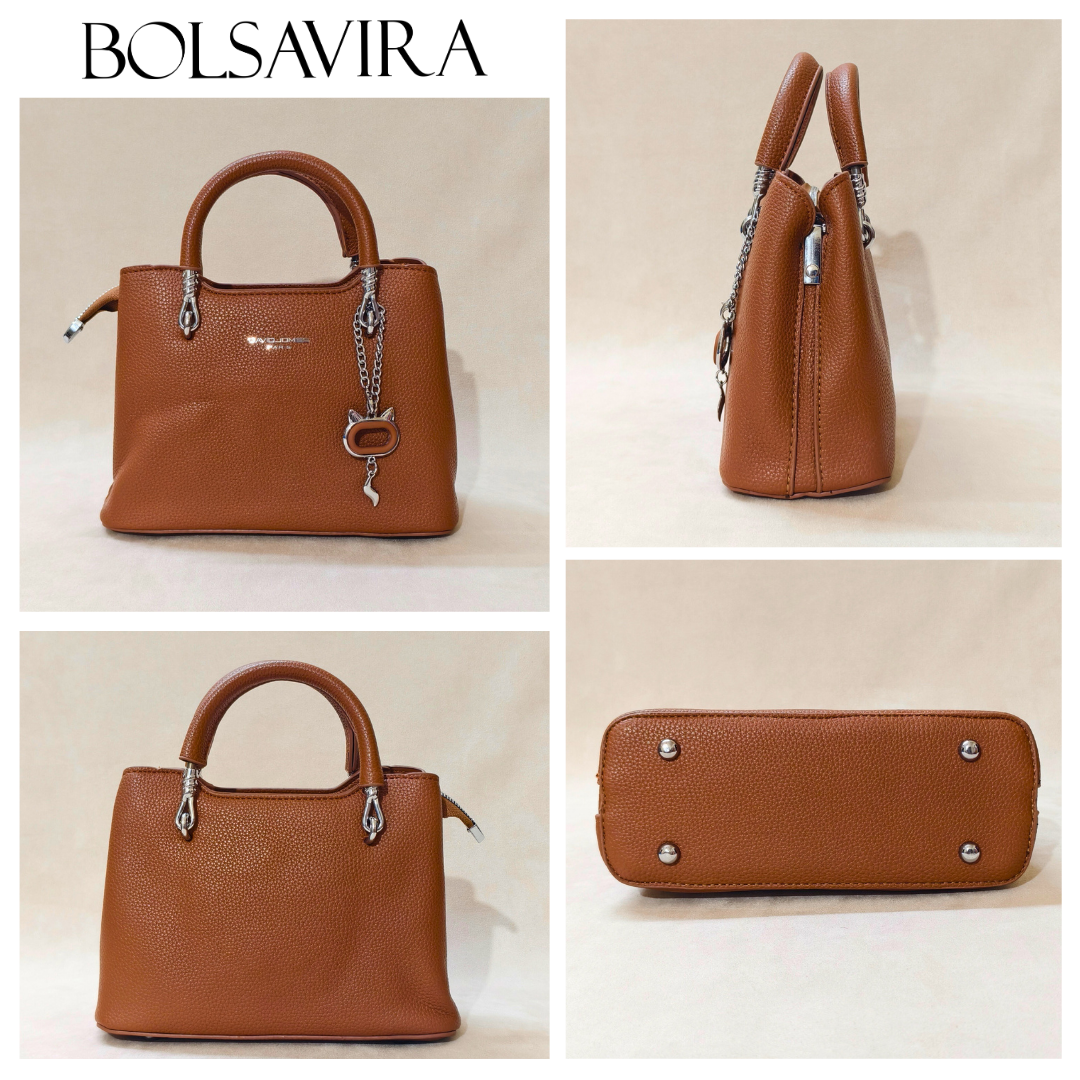 Collage of a brown handbag with visible 'BOLSAVIRA' branding on a beige background.