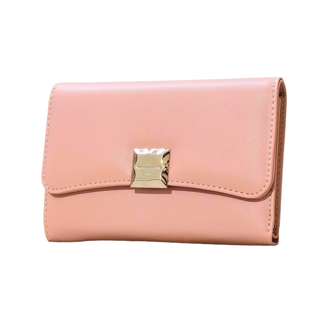 Pink wallet with a gold clasp on a white background