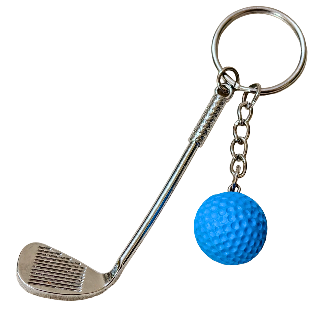A novelty golf club keychain featuring a silver metal golf club head and shaft attached to a split key ring and short chain, with a small textured blue golf ball dangling from the chain, shown on a plain white background.