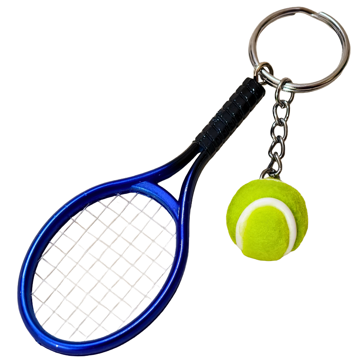 A miniature tennis racket keychain with a small yellow tennis ball charm, against a white background.