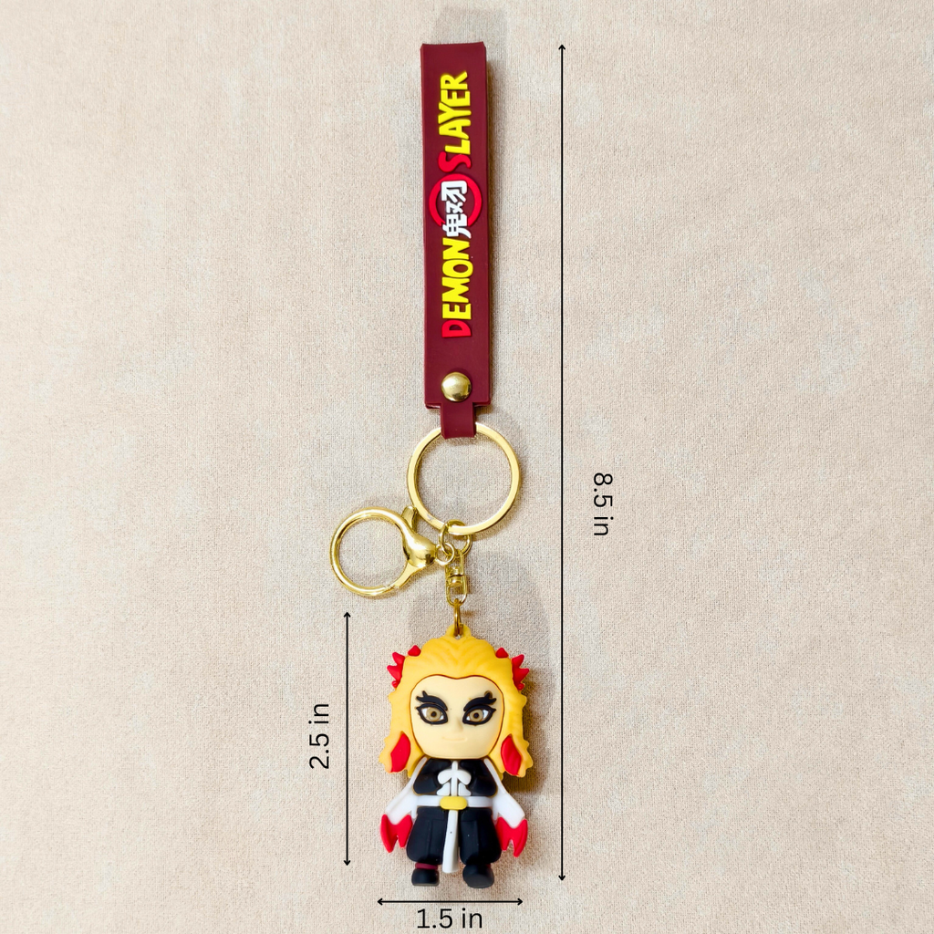 Keychain with character charm and measurement details on a beige background